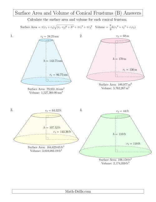 The Volume and Surface Area of Conical Frustums (Large Input Values) (B) Math Worksheet Page 2