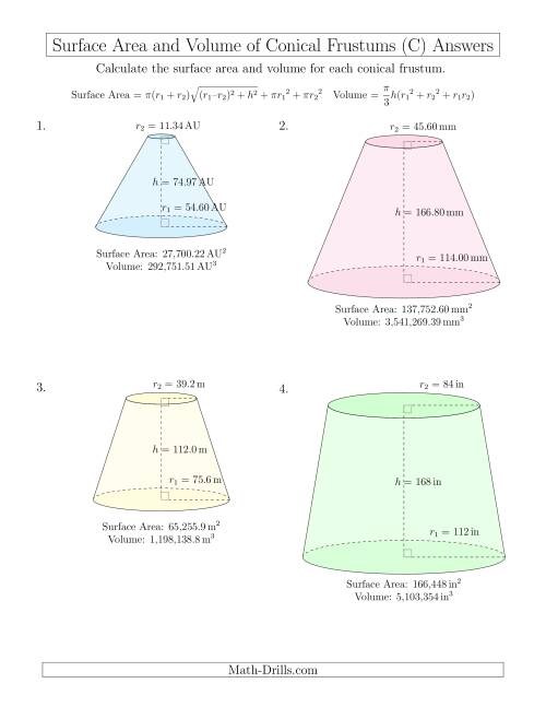 The Volume and Surface Area of Conical Frustums (Large Input Values) (C) Math Worksheet Page 2