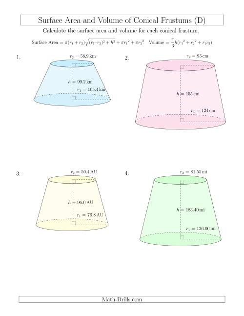The Volume and Surface Area of Conical Frustums (Large Input Values) (D) Math Worksheet