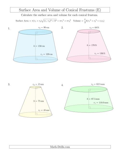 The Volume and Surface Area of Conical Frustums (Large Input Values) (E) Math Worksheet