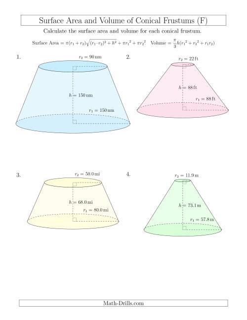 The Volume and Surface Area of Conical Frustums (Large Input Values) (F) Math Worksheet