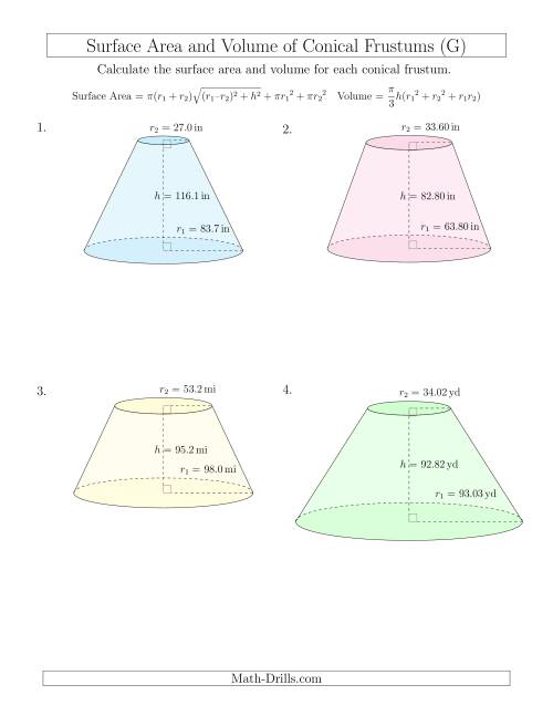 The Volume and Surface Area of Conical Frustums (Large Input Values) (G) Math Worksheet