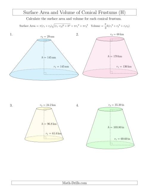 The Volume and Surface Area of Conical Frustums (Large Input Values) (H) Math Worksheet
