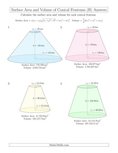 The Volume and Surface Area of Conical Frustums (Large Input Values) (H) Math Worksheet Page 2