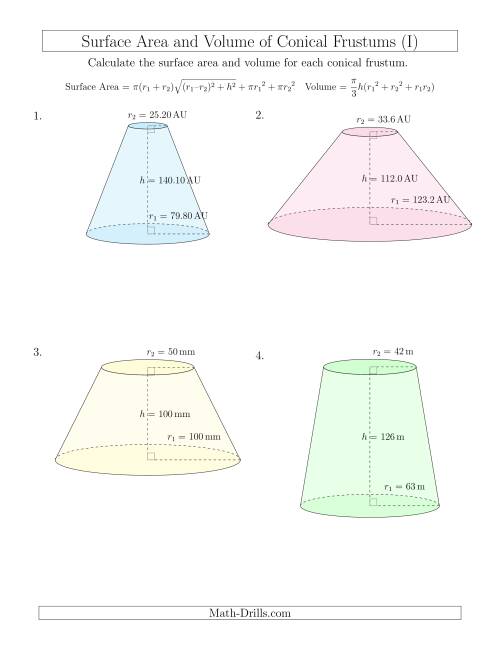 The Volume and Surface Area of Conical Frustums (Large Input Values) (I) Math Worksheet