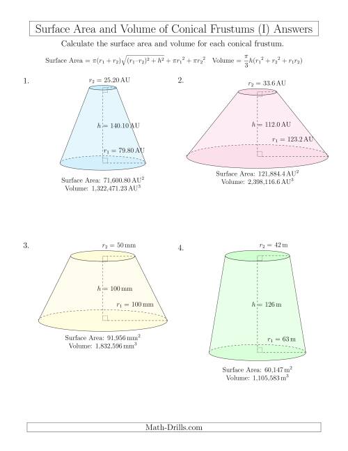 The Volume and Surface Area of Conical Frustums (Large Input Values) (I) Math Worksheet Page 2