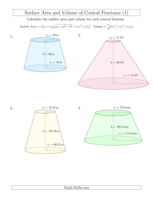 The Volume and Surface Area of Conical Frustums (Large Input Values) (J) Math Worksheet