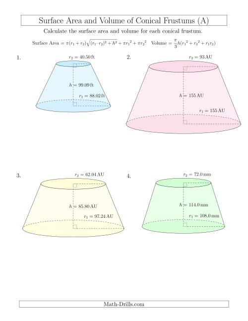 The Volume and Surface Area of Conical Frustums (Large Input Values) (All) Math Worksheet