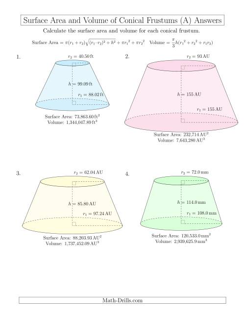 The Volume and Surface Area of Conical Frustums (Large Input Values) (All) Math Worksheet Page 2