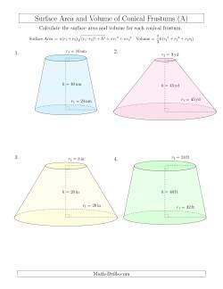 Volume and Surface Area of Conical Frustums (Whole Numbers)
