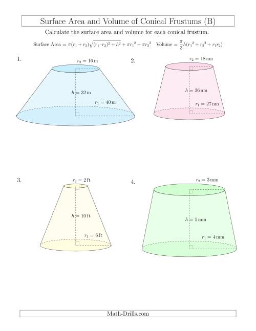 The Volume and Surface Area of Conical Frustums (Whole Numbers) (B) Math Worksheet