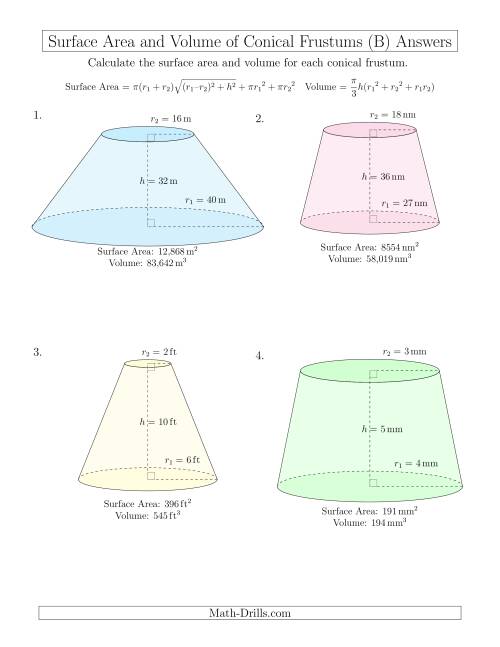 The Volume and Surface Area of Conical Frustums (Whole Numbers) (B) Math Worksheet Page 2
