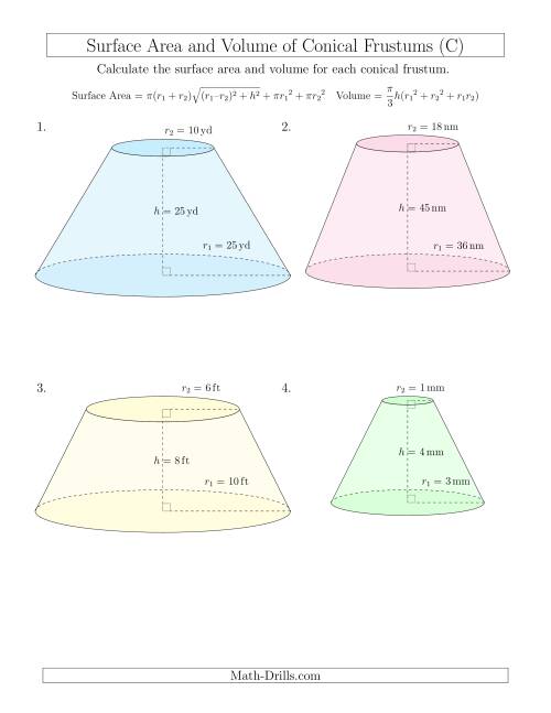 The Volume and Surface Area of Conical Frustums (Whole Numbers) (C) Math Worksheet