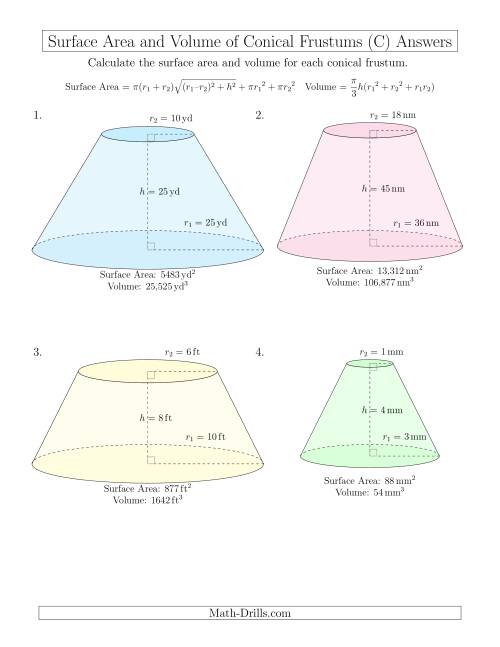 The Volume and Surface Area of Conical Frustums (Whole Numbers) (C) Math Worksheet Page 2