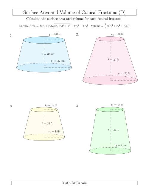 The Volume and Surface Area of Conical Frustums (Whole Numbers) (D) Math Worksheet