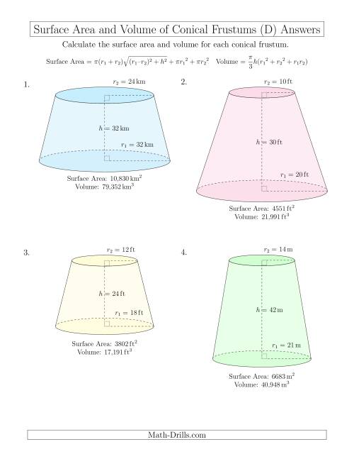 The Volume and Surface Area of Conical Frustums (Whole Numbers) (D) Math Worksheet Page 2