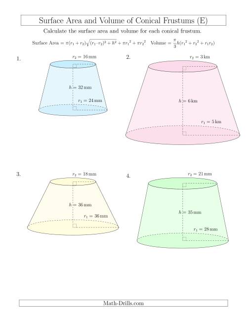 The Volume and Surface Area of Conical Frustums (Whole Numbers) (E) Math Worksheet
