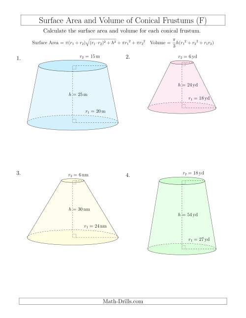 The Volume and Surface Area of Conical Frustums (Whole Numbers) (F) Math Worksheet