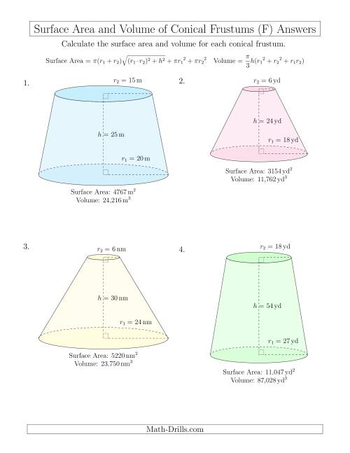The Volume and Surface Area of Conical Frustums (Whole Numbers) (F) Math Worksheet Page 2
