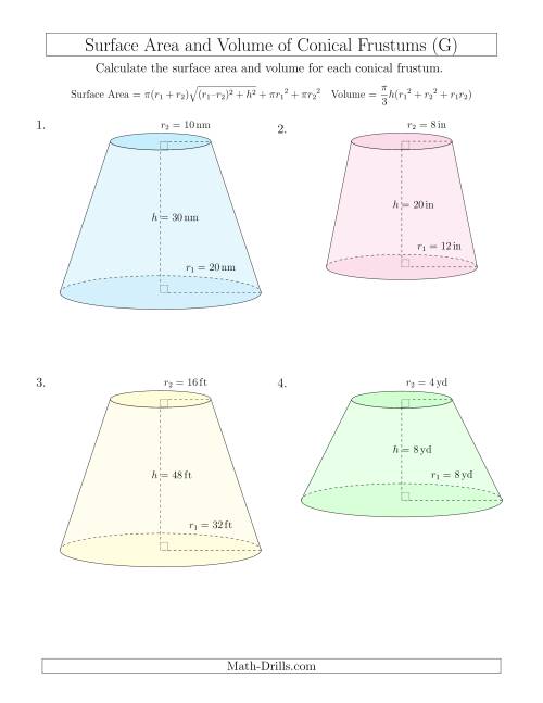 The Volume and Surface Area of Conical Frustums (Whole Numbers) (G) Math Worksheet