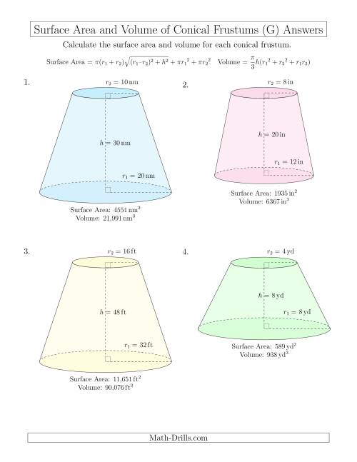 The Volume and Surface Area of Conical Frustums (Whole Numbers) (G) Math Worksheet Page 2