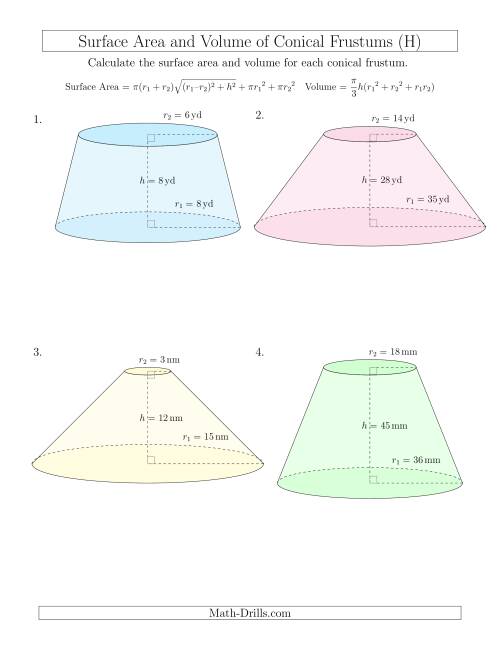 The Volume and Surface Area of Conical Frustums (Whole Numbers) (H) Math Worksheet