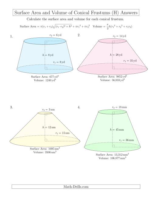 The Volume and Surface Area of Conical Frustums (Whole Numbers) (H) Math Worksheet Page 2