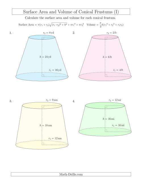 The Volume and Surface Area of Conical Frustums (Whole Numbers) (I) Math Worksheet