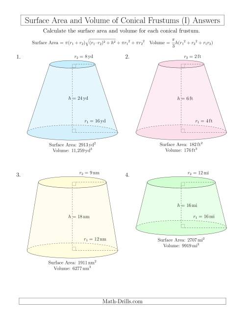 The Volume and Surface Area of Conical Frustums (Whole Numbers) (I) Math Worksheet Page 2