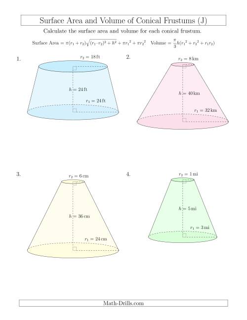 The Volume and Surface Area of Conical Frustums (Whole Numbers) (J) Math Worksheet