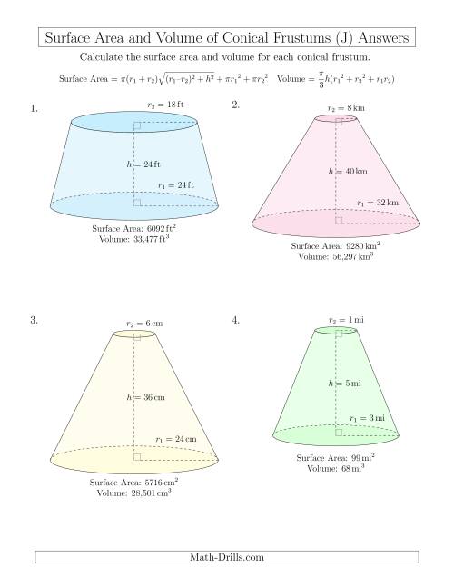 The Volume and Surface Area of Conical Frustums (Whole Numbers) (J) Math Worksheet Page 2