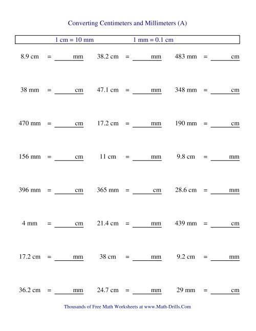 The Metric Conversion of Centimeters and Millimeters (A) Math Worksheet