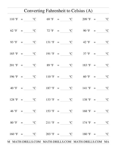 The Converting From Fahrenheit to Celsius (A) Math Worksheet