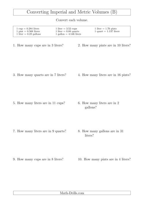 The Converting Between Liters and Imperial Cups, Pints, Quarts and Gallons (B) Math Worksheet