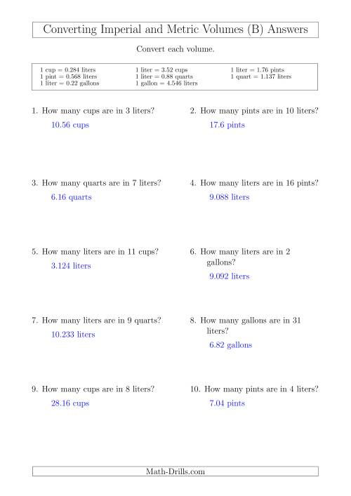 The Converting Between Liters and Imperial Cups, Pints, Quarts and Gallons (B) Math Worksheet Page 2