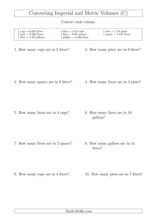 The Converting Between Liters and Imperial Cups, Pints, Quarts and Gallons (C) Math Worksheet