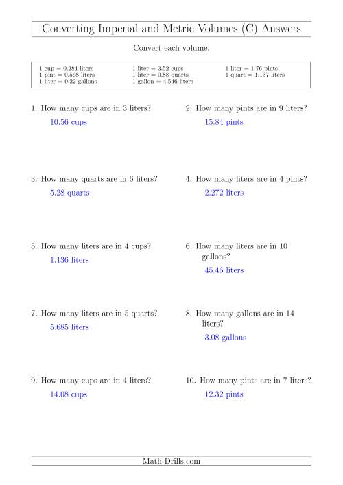 The Converting Between Liters and Imperial Cups, Pints, Quarts and Gallons (C) Math Worksheet Page 2