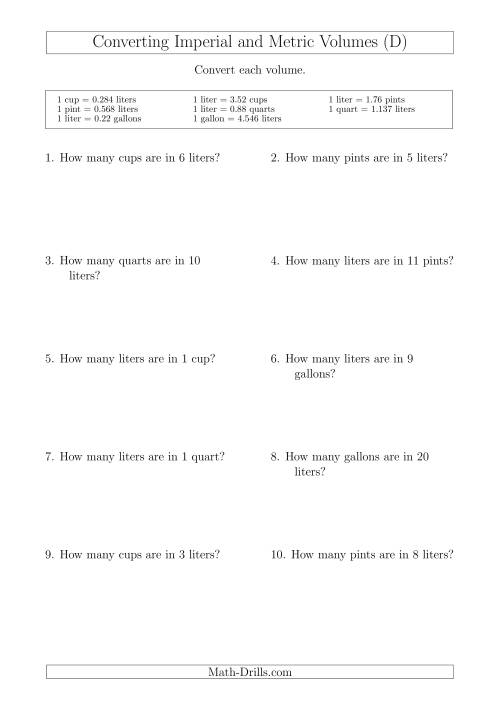 The Converting Between Liters and Imperial Cups, Pints, Quarts and Gallons (D) Math Worksheet