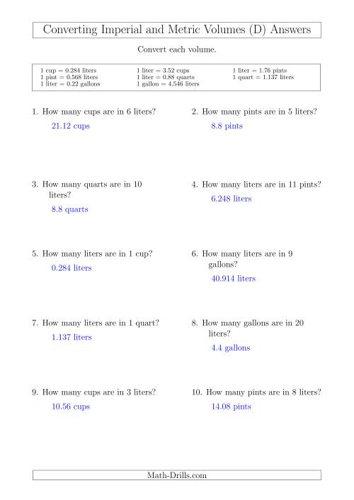 The Converting Between Liters and Imperial Cups, Pints, Quarts and Gallons (D) Math Worksheet Page 2