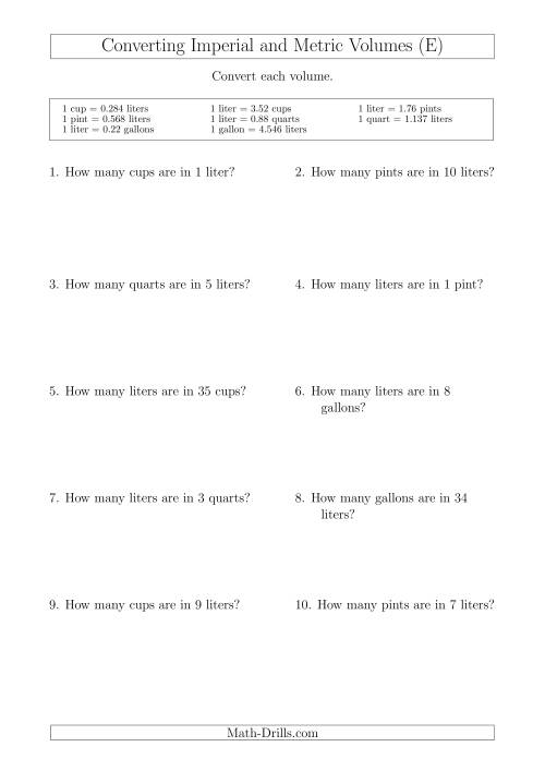 The Converting Between Liters and Imperial Cups, Pints, Quarts and Gallons (E) Math Worksheet
