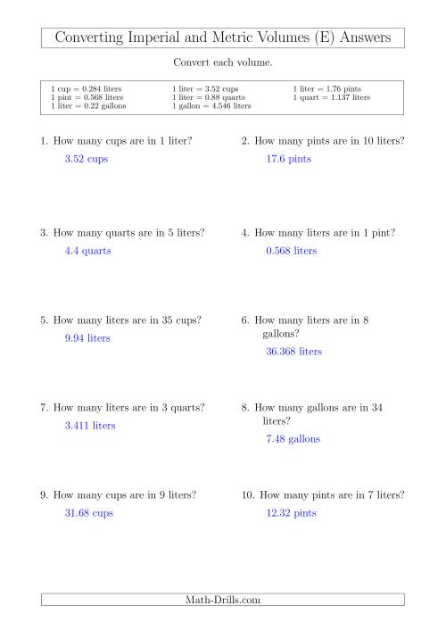 The Converting Between Liters and Imperial Cups, Pints, Quarts and Gallons (E) Math Worksheet Page 2