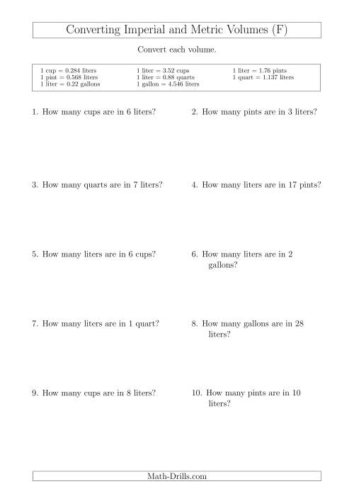 The Converting Between Liters and Imperial Cups, Pints, Quarts and Gallons (F) Math Worksheet