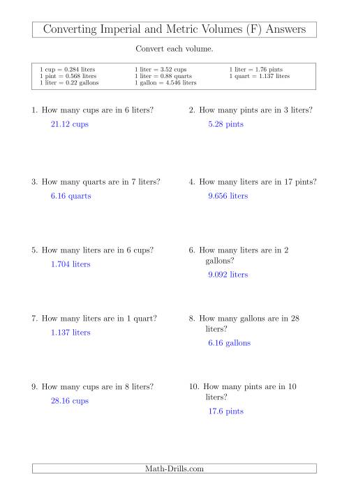 The Converting Between Liters and Imperial Cups, Pints, Quarts and Gallons (F) Math Worksheet Page 2