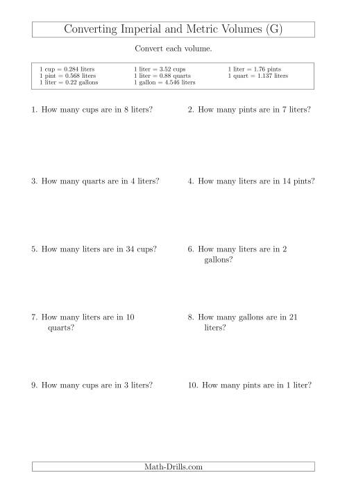 The Converting Between Liters and Imperial Cups, Pints, Quarts and Gallons (G) Math Worksheet
