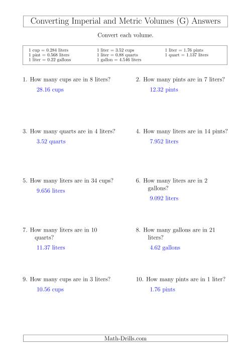 The Converting Between Liters and Imperial Cups, Pints, Quarts and Gallons (G) Math Worksheet Page 2