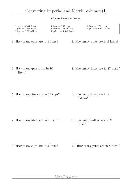 The Converting Between Liters and Imperial Cups, Pints, Quarts and Gallons (I) Math Worksheet