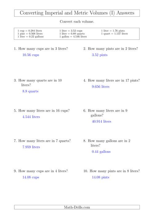 The Converting Between Liters and Imperial Cups, Pints, Quarts and Gallons (I) Math Worksheet Page 2