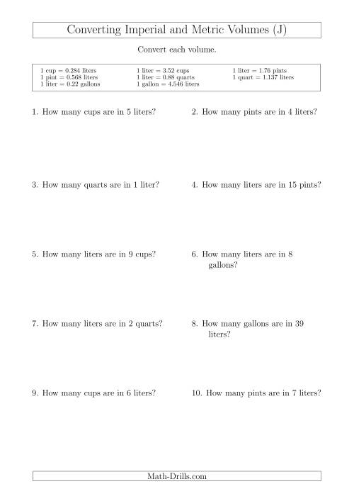 The Converting Between Liters and Imperial Cups, Pints, Quarts and Gallons (J) Math Worksheet