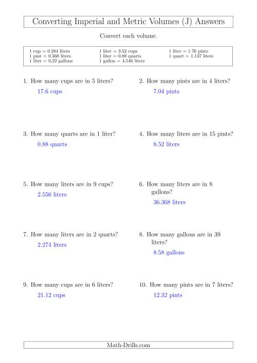 The Converting Between Liters and Imperial Cups, Pints, Quarts and Gallons (J) Math Worksheet Page 2