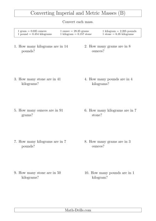 The Converting Between Metric and Imperial Masses (B) Math Worksheet